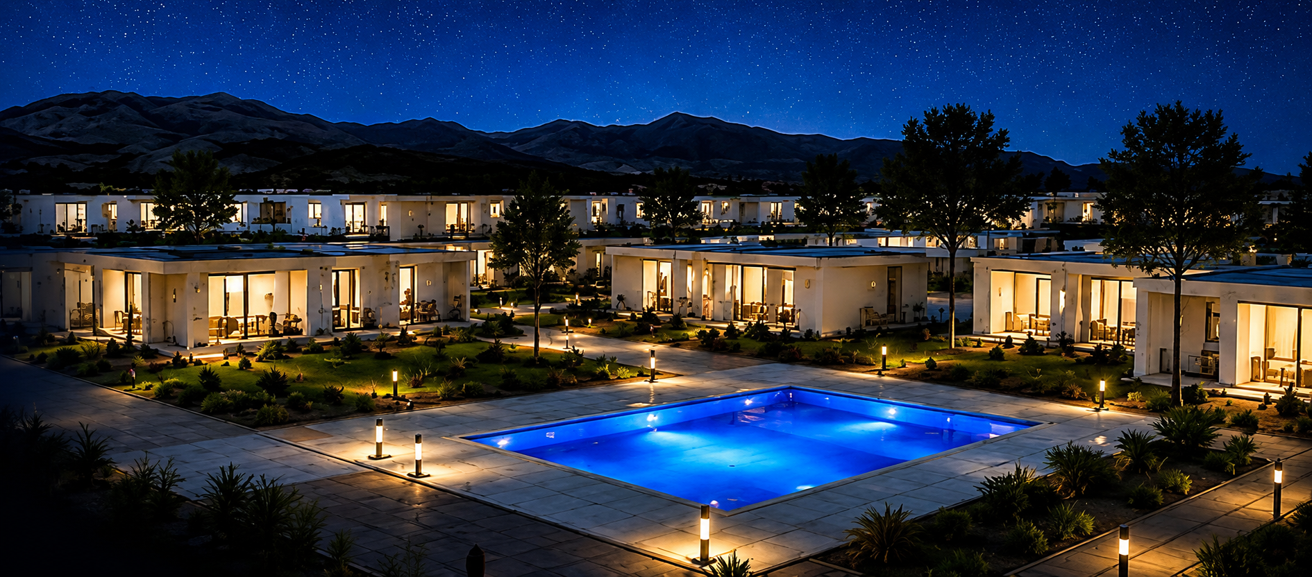 Comunidad residencial EcoHábitat iluminada de noche como símbolo de futuro y contacto