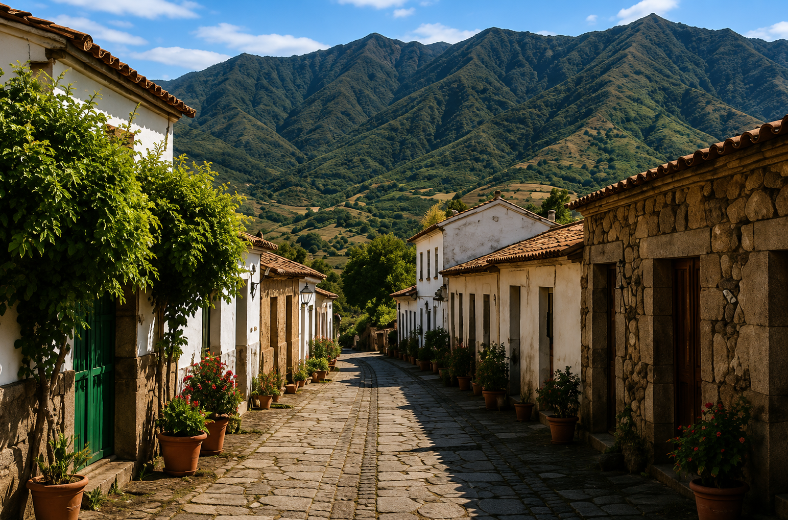 Calle rural con viviendas tradicionales y paisaje de montaña