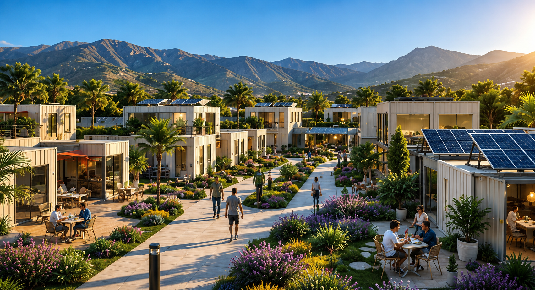 Comunidad residencial sostenible EcoHábitat con viviendas, zonas comunes, energía solar y entorno natural