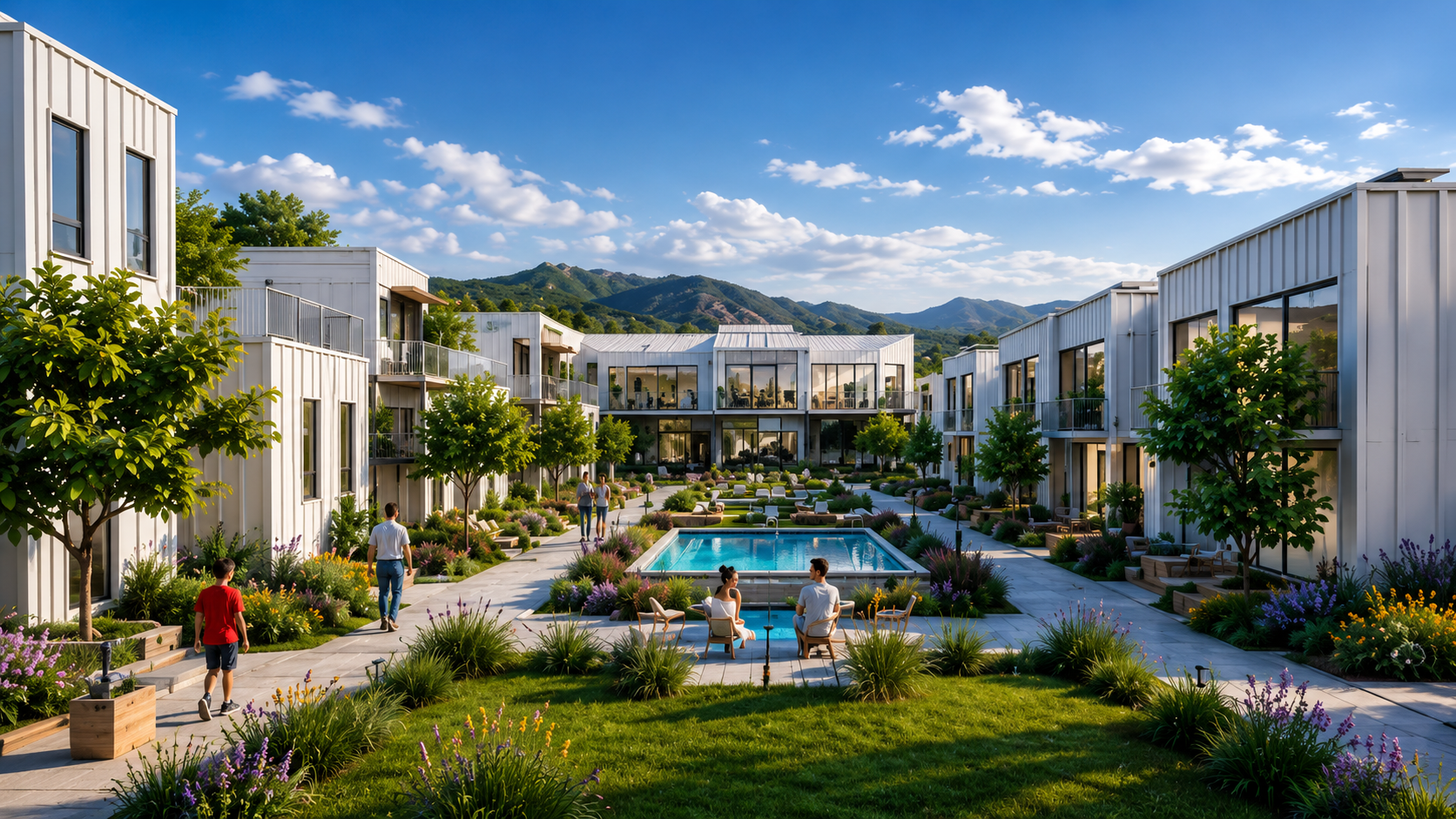 Conjunto residencial sostenible EcoHábitat con viviendas modulares, zonas comunes y piscina