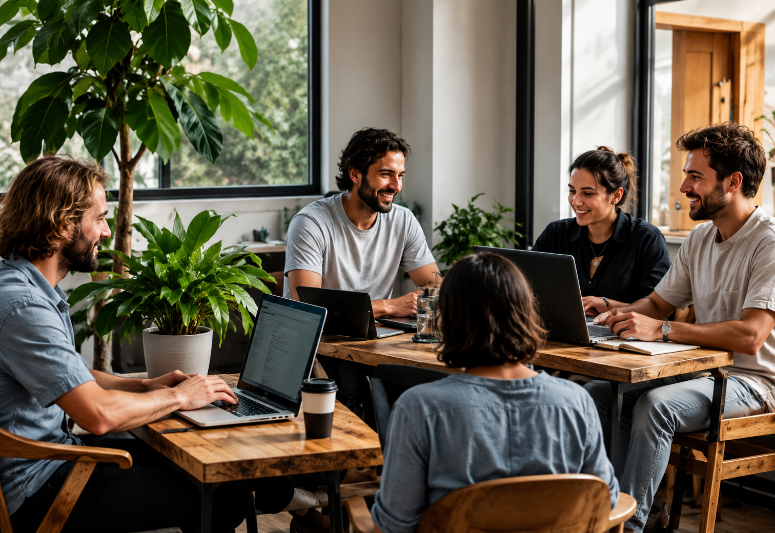Emprendedores trabajando en equipo en un espacio colaborativo dentro de EcoHábitat