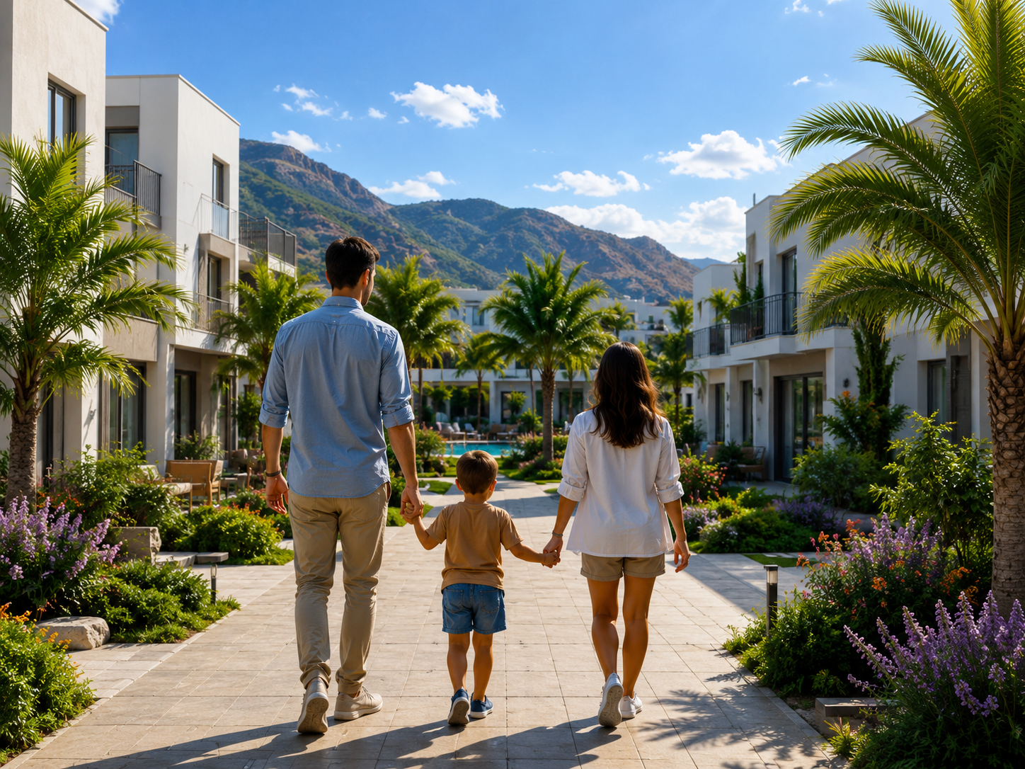 Familia caminando por una comunidad residencial sostenible y segura EcoHábitat