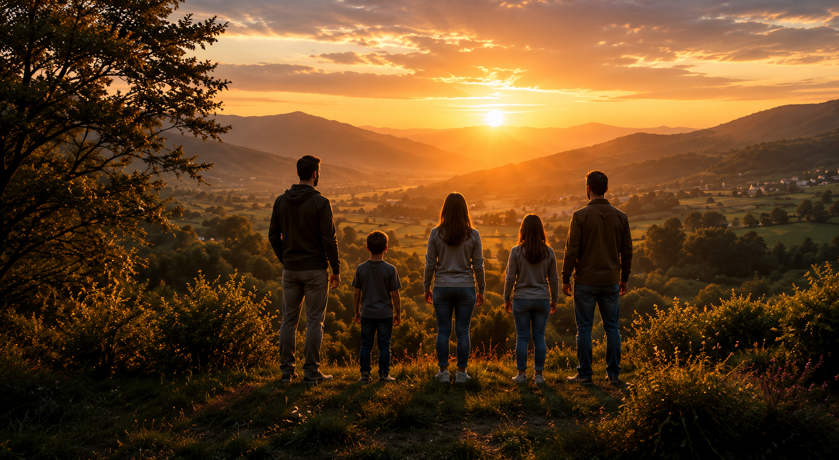 Personas observando un territorio rural al atardecer como símbolo de comunidad, vivienda y futuro
